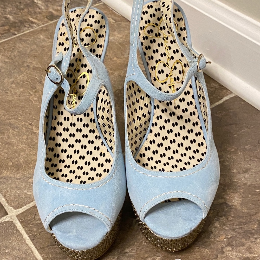 Jessica Simpson Eddy blue suede peep toe heels. - Picture 5 of 15